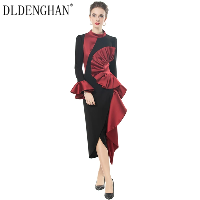 DLDENGHAN Women Stand Collar Flare Sleeve Ruffles Color Collision Office Lady Pencil Dresses Fashion Designer Autumn New