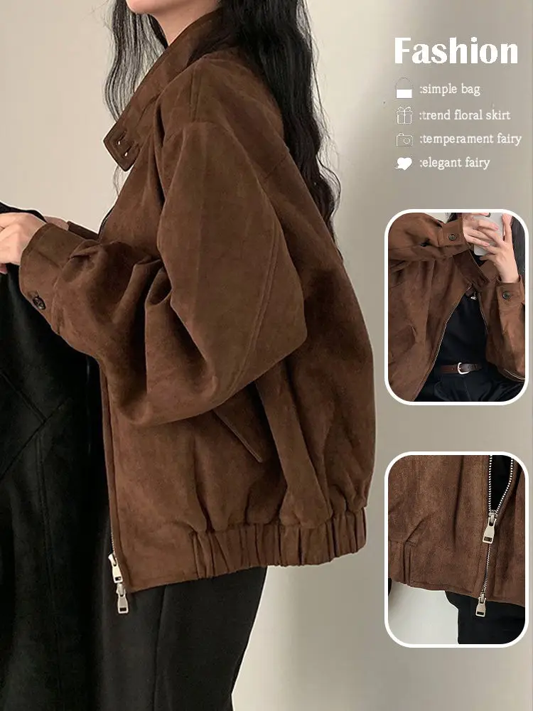 Brown Loose Fit Faux Suede Jacket Women Retro American Style Stand Collar Spring Autumn 2024 New Arrival Winter Clothes Women