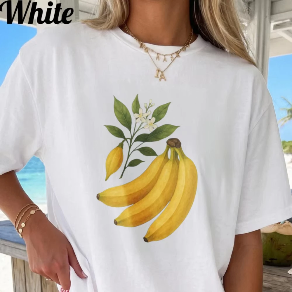 Vintage Banana Leaf Graphic White Tshirt Casual Art Fruit Botanical Floral Stem Pastel Drawi Printing Tshirt Beach Vacation Tops