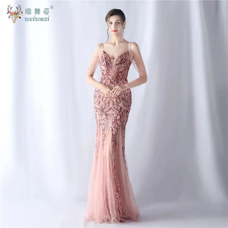 

Thin Shoulder Strap V-neck Beaded Mesh Mermaid Evening Dresses Craftsmanship Sequin Embroidery Slim Fit Evening Dressses