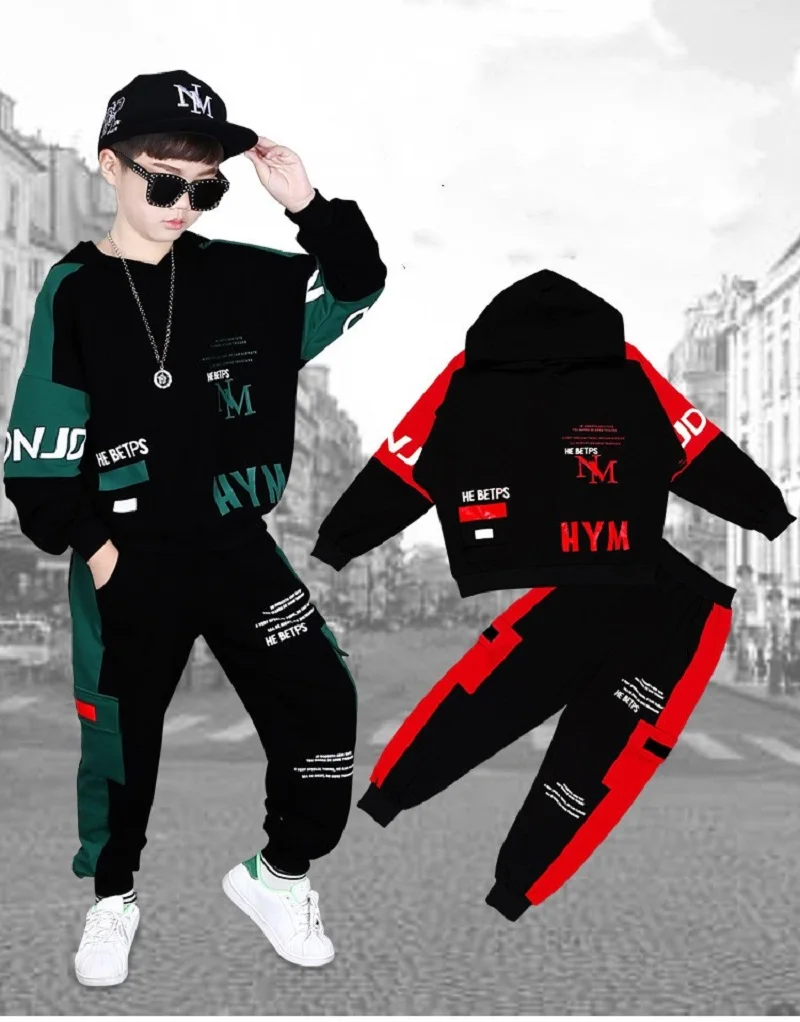 

Spring Autumn Boys Hooded Contrast Alphabet Workout Sweatshirt+Sweatpant School Kids Tracksuit Child Outfit Jogger Set 5-14Years