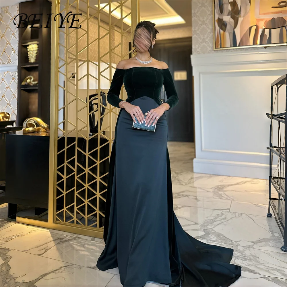 

BEIYE Vintage Velvet Sheath Evening Dresses Strapless Long Sleeves Off The Shoulder Party Gown Customized فساتين سهرة