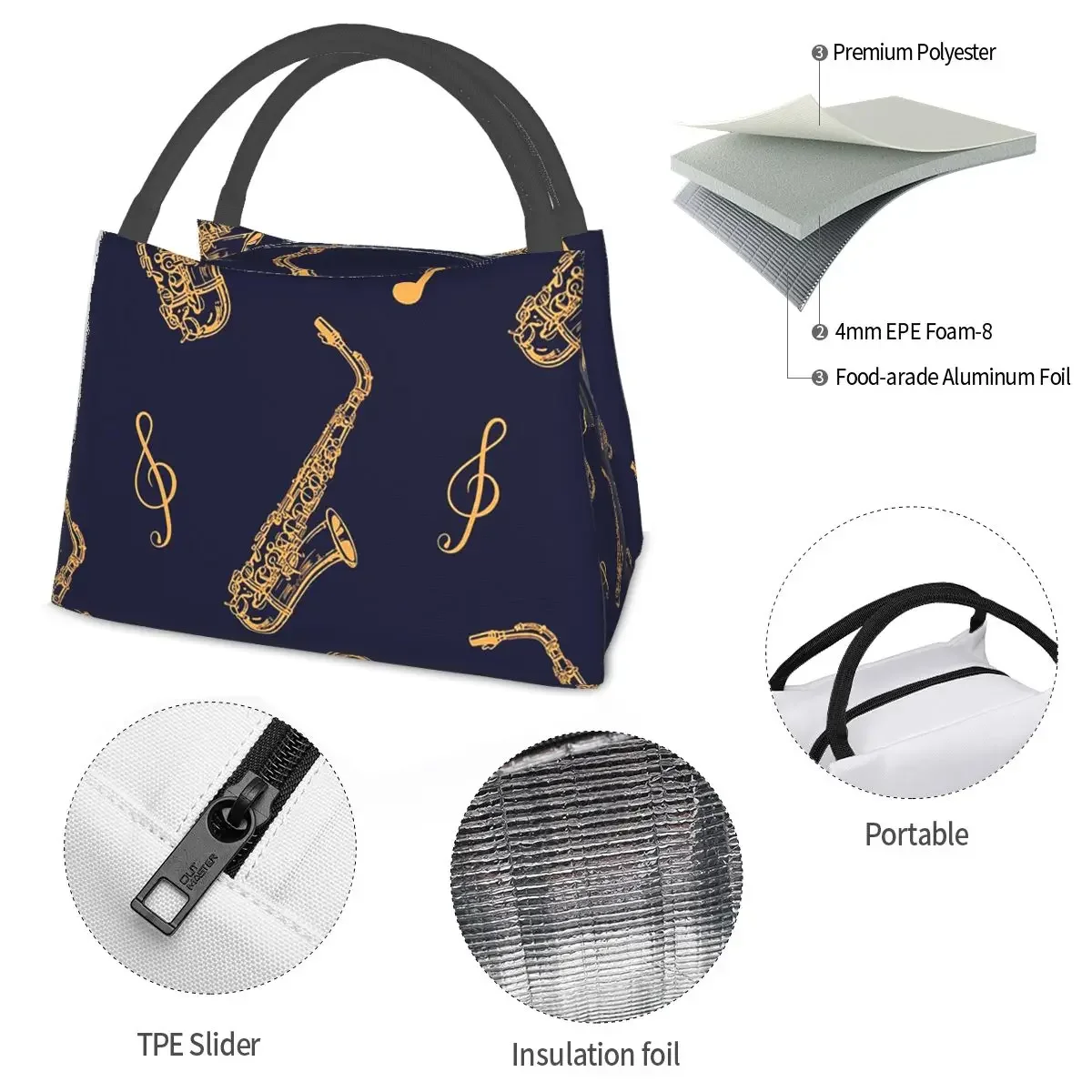 Lancheira Bento isolada com padrão saxofone musical, sacola impermeável de piquenique, refrigerador, bolsa térmica para mulheres e meninas