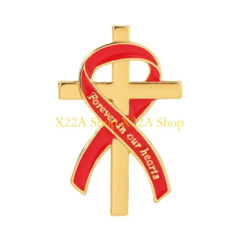 Unique Crosses Ribbon Memorial Brooch Pin with Gold Tone Alloy Design Forever in Our Hearts for Remembrance Event