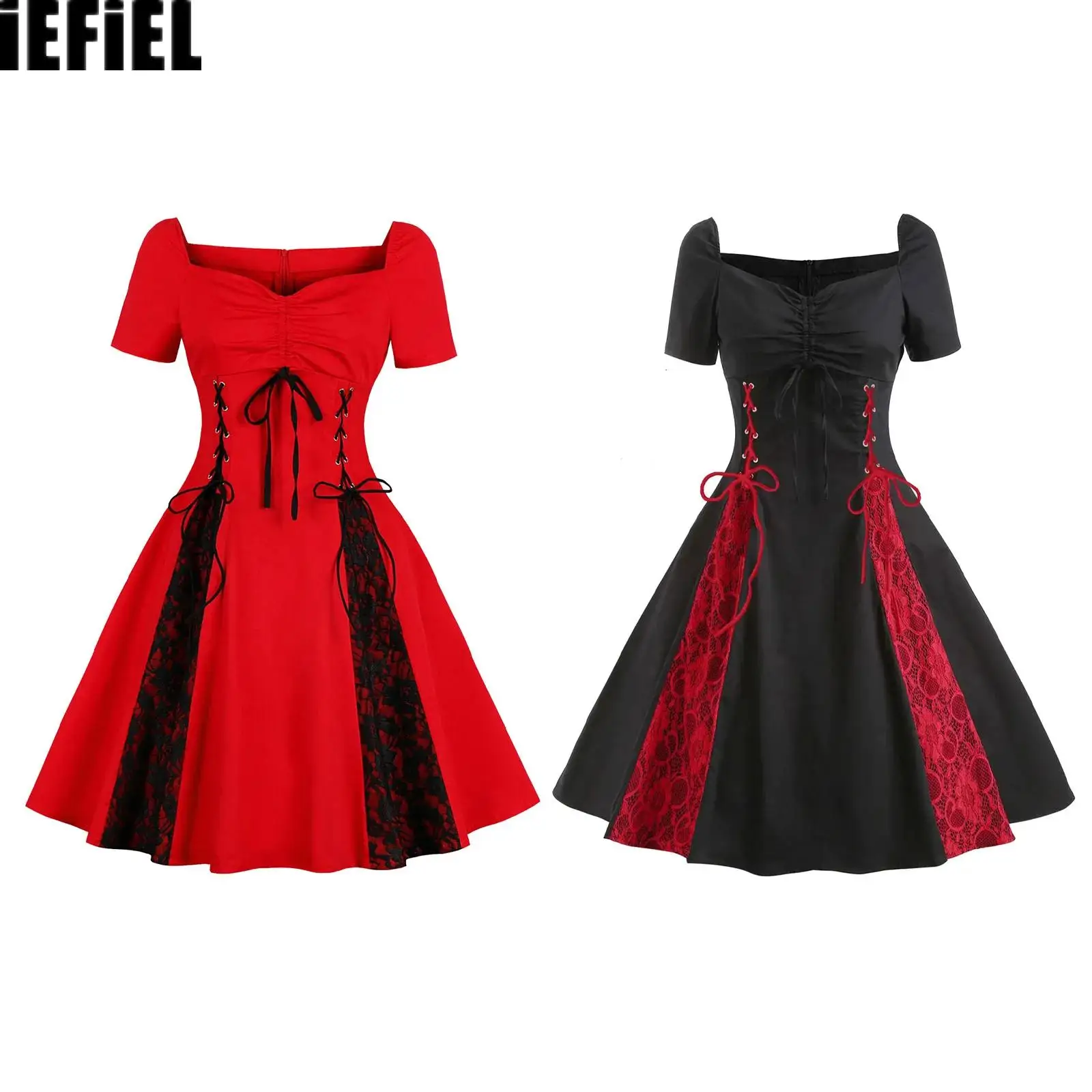 

Womens Gothic Vintage A-line Dress Front Drawstring Side Lace-up Floral Lace Patchwork Short Sleeve Swing Dress for Party