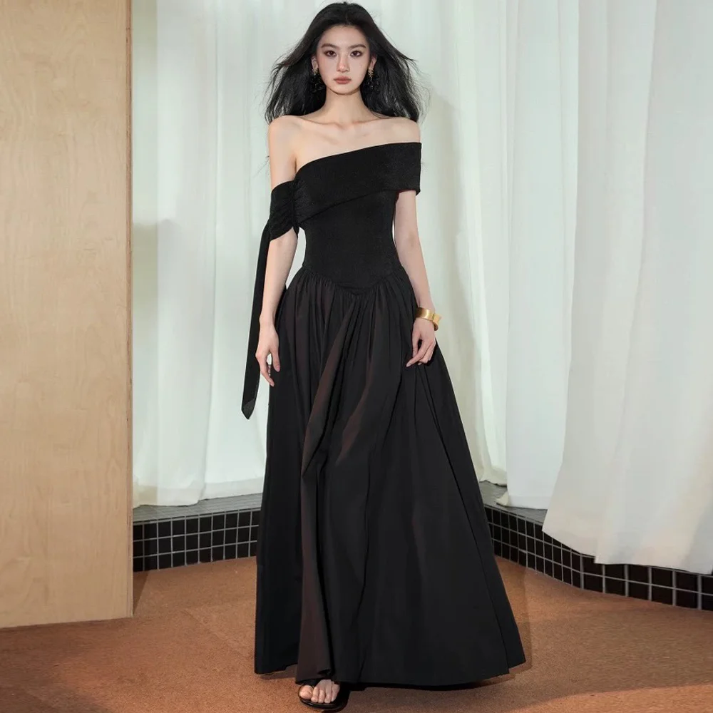 Robe de soirée élégante en Satin noir, ligne a, personnalisée, manches courtes, robes de soirée de haute qualité, longueur au sol, robes d'occasion sur mesure