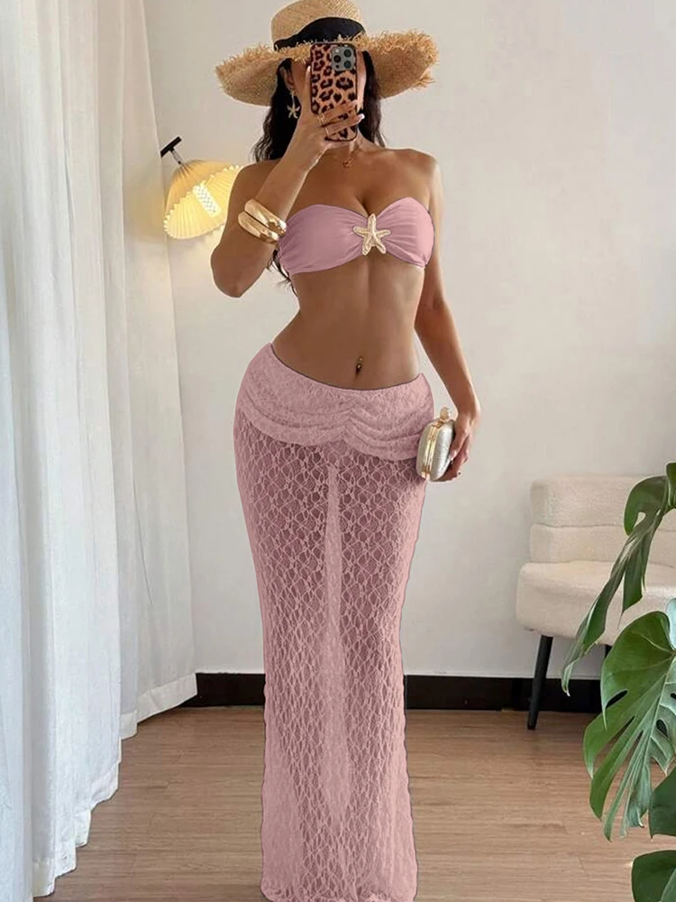 Estranho gato estrela do mar metal feminino 2 peça conjunto verão férias praia jacquard sem alças topos + saia elegante combinando clubwear terno