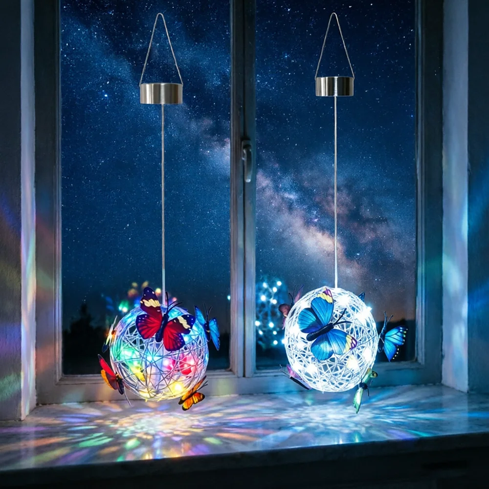 1PC Solar Metal Ball Butterfly Pendant Light, 20LEDs 8 Simulated Butterflies Used for Outdoor Courtyard Garden Christmas Etc