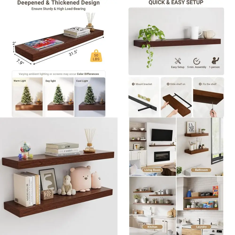 

Деревянные плавающие полки толщиной 2 дюйма, глубина 8 для настенного крепления, 32x8 над унитазом, кухня/гостиная/ванная комната, вместимость 50 фунтов, набор