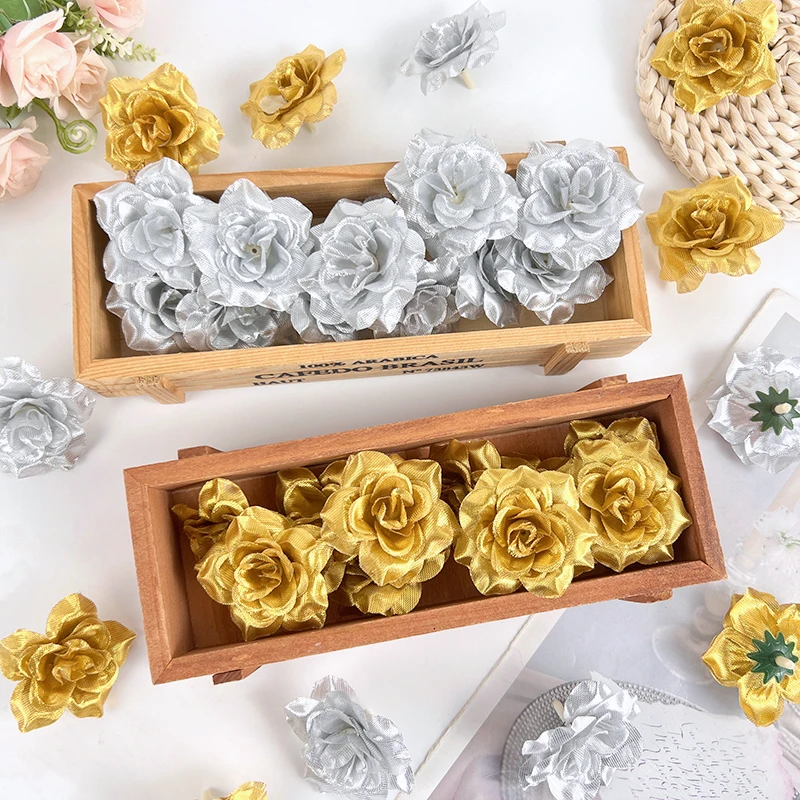 

10-30pcs 6cm Gold Artificial Rose Silk Flower Heads for Wedding Home Party Banquet Decoration DIY Christmas Wreath Accessories