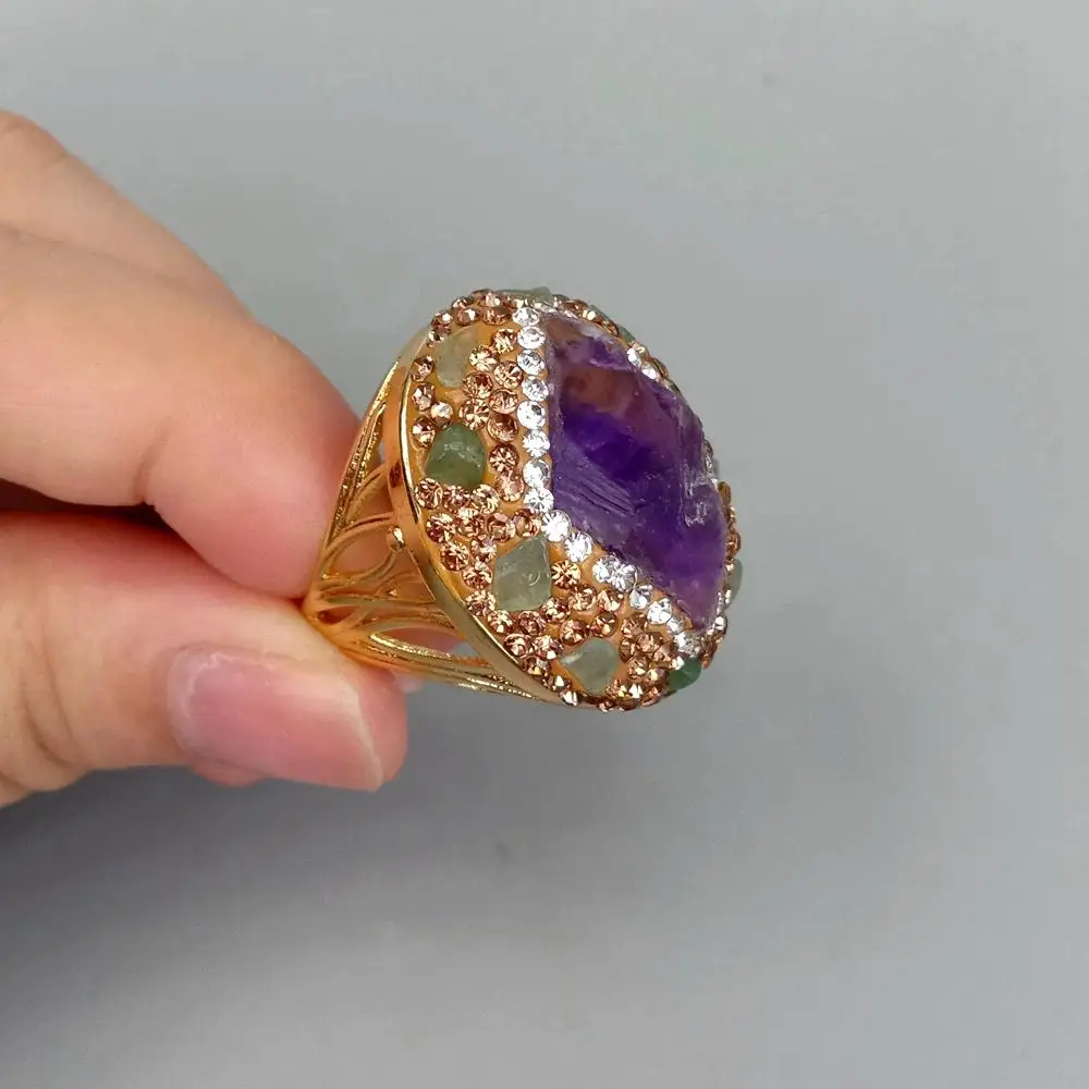 Y·YING Natural Amethyst Rough Raw Chrysoprase Finger Rings Anniversary Women Jewelry Adjustable