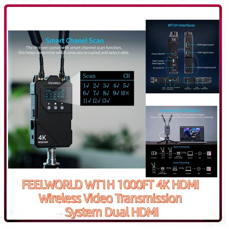 FEELWORLD WT1H 1000FT 4K Беспроводная система передачи видео HDMI с двойным HDMI, полнодуплексный интерком, мониторинг через приложение для прямой трансляции