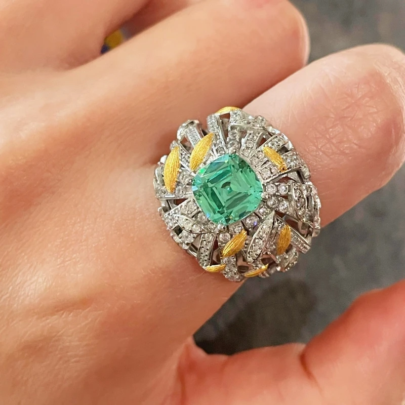 Bellux S925 silver plated 18K gold rings hollow design gold leaf brushed palace style imported apple green tourmaline ring