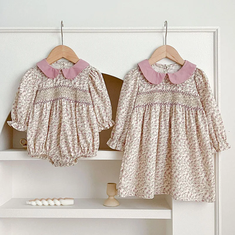 

European American Style Autumn Spring Sister Clothing Kids Princess Dresses Long Sleeved Cotton Print Baby Girls Rompers