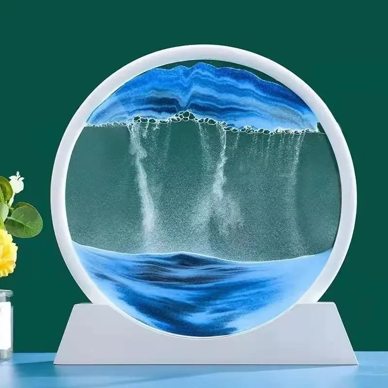 New Arrival 3D Moving Sand Art Painting Hourglass 7 Inch Quicksand Round Glass Ornament Luxury Home Decor Office Decoration 2024