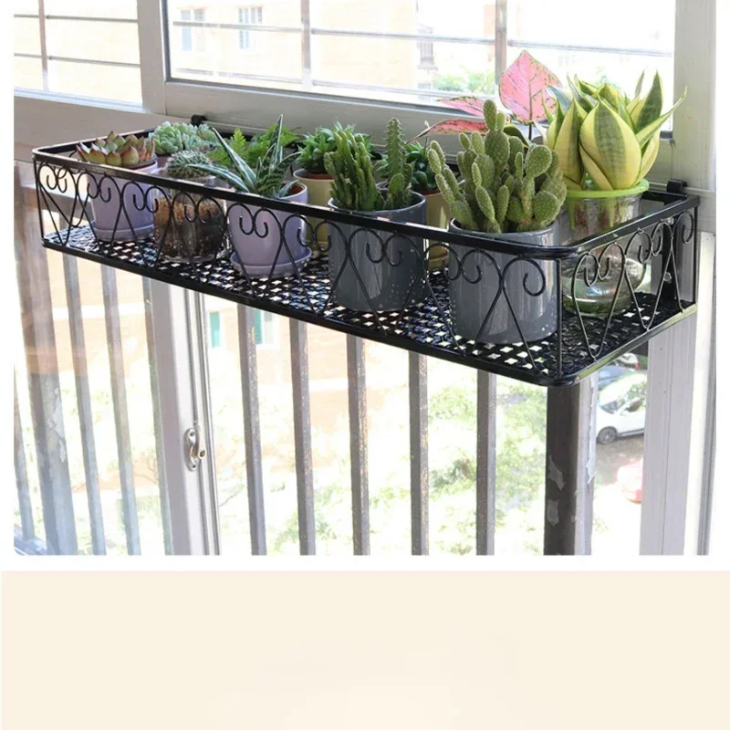 Window Sill Storage Flower Rack: Balcony Hanging Plant Shelf for Railing, Wrought Iron Pot Stand, Space-Saving Organizer