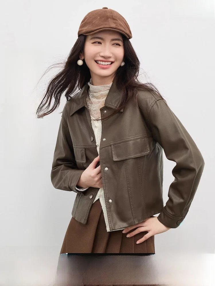 Jaqueta Feminina de Couro PU para Primavera, Estilo Casual Elegante, com Ombro Caído, Manga Longa, Gola Alta e Caimento Justo