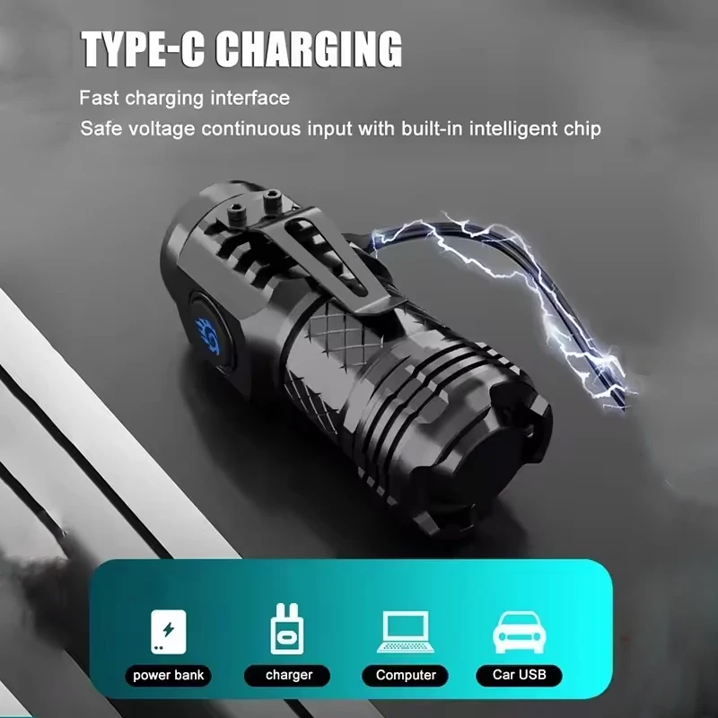 Mini Tactical Torch Super Bright 3 LED Flashlight Type-C Rechargeable Camping Light ABS+Metal Clip Hiking Lamp Easy To Carry