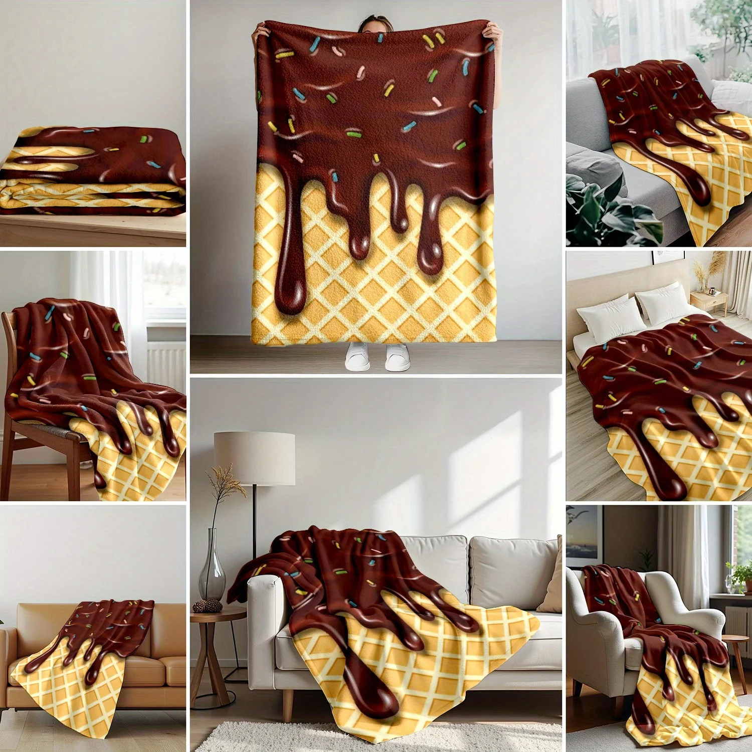 

1PC Cute Ice Cream Blankets Flannel Fleece Blanket Lightweight Cozy Throw Blanket for Couch Sofa Bedroom Camping Adults Teens