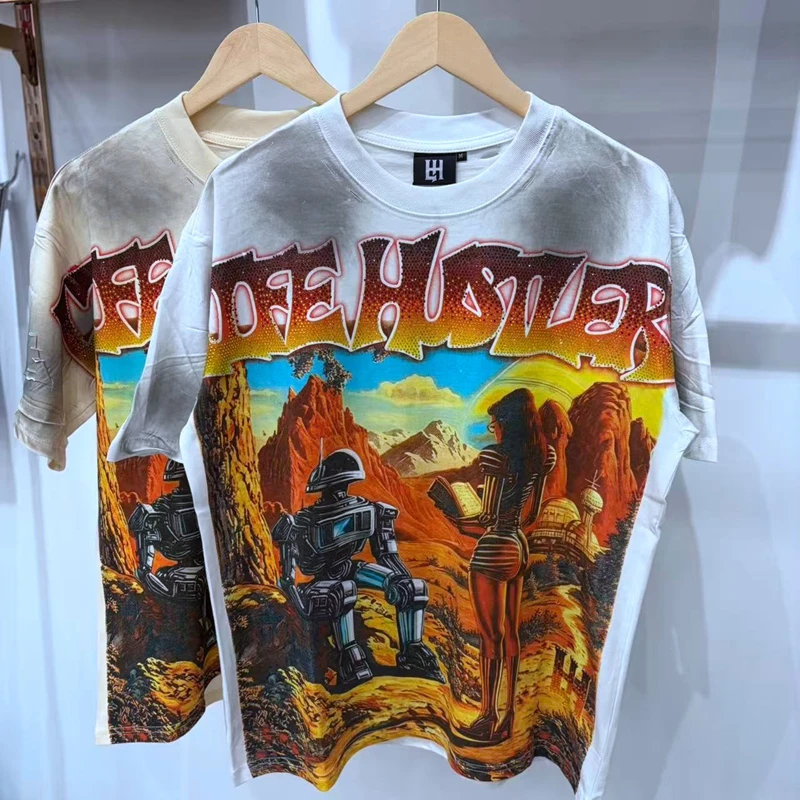 Unisex Oversize Personalisiertes Baumwoll-T-Shirt mit Retro-Wüstenroboter-Grafik für Herren, Strass-Bordüre, Verwaschener Look, Lässiges Tee-Shirt – Detail 3