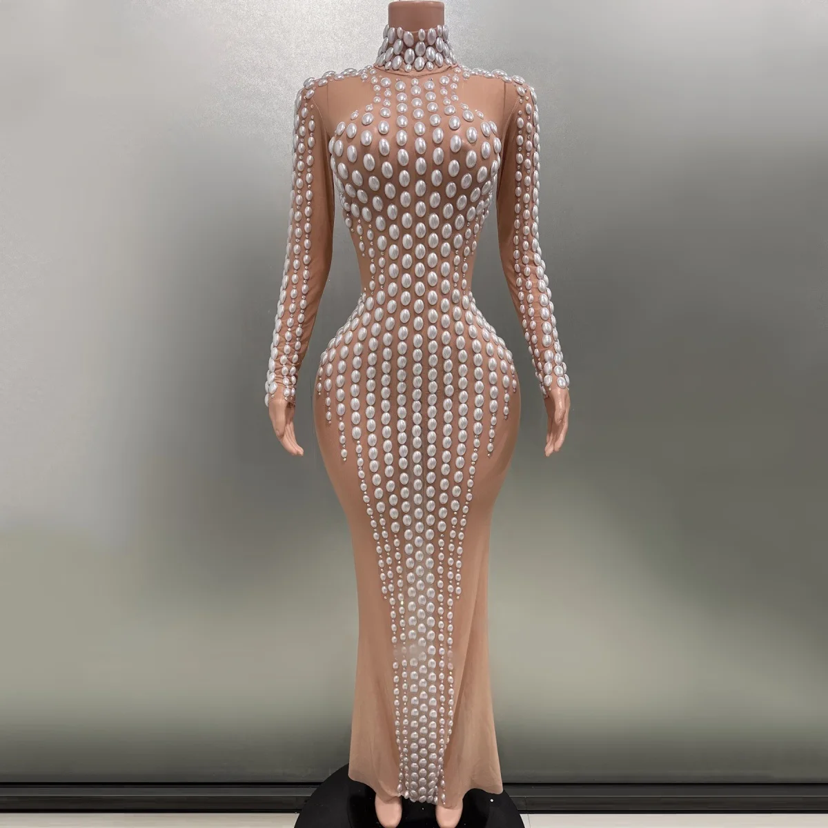 

Luxury Pearls Diamonds Khaki Sexy See-Through Sheath Dress Bar Nightclub Singer Performance Custome Evening Party Stage Wear