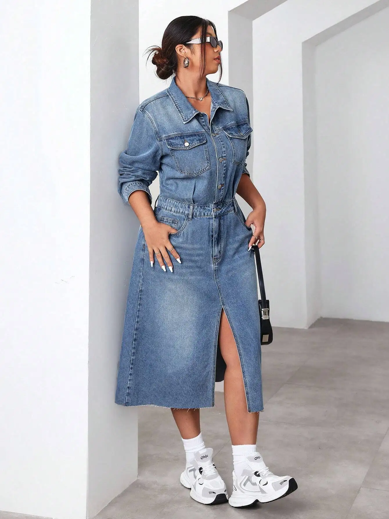 

Plus Size Women Long Sleeve Split Hem Casual Denim Dress Spring Summer