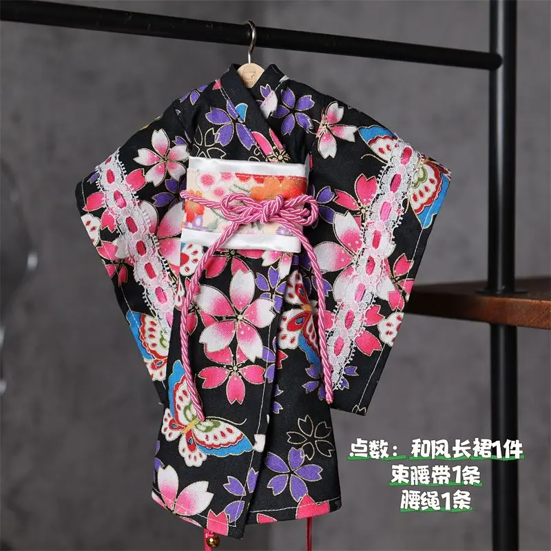 Image of Schwarzes Kirschblüten-Schmetterlings-Print-Kleid im traditionellen japanischen Stil, langes Kimono-Kleid, Vintage-Kostüm für 1/6 30 cm BJD-Puppe