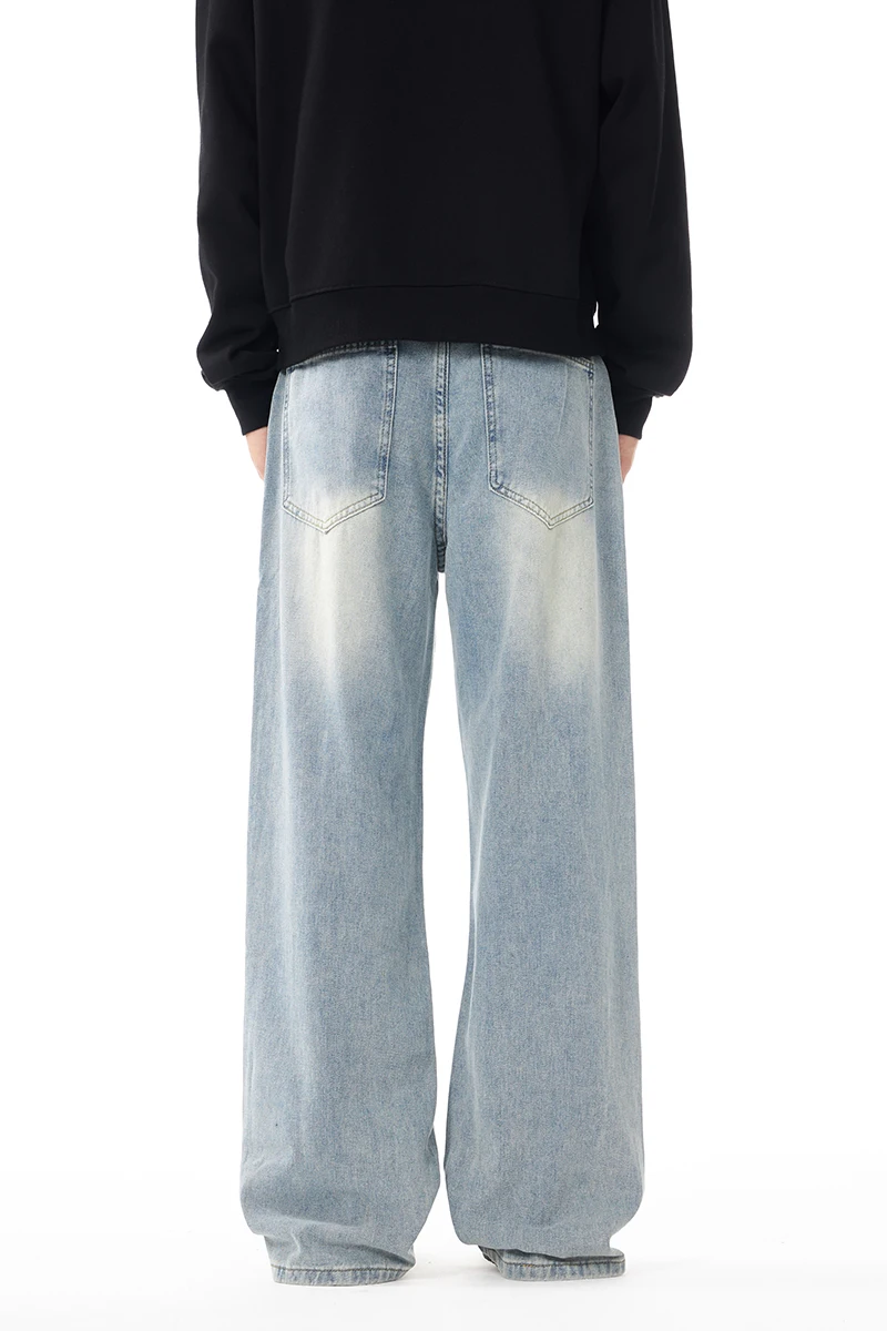 Baggy Korean Jeans Men\'s Personalized Y2k Pants Fashion Straight Casual Vintage Denim Trousers Male Streetwear Blue