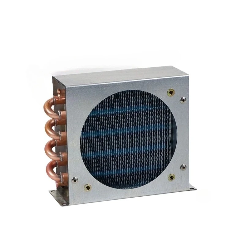 Small shell condenser, heat dissipation refrigerator, freezer, air cooling, water cooling with fan, aluminum fins and copper