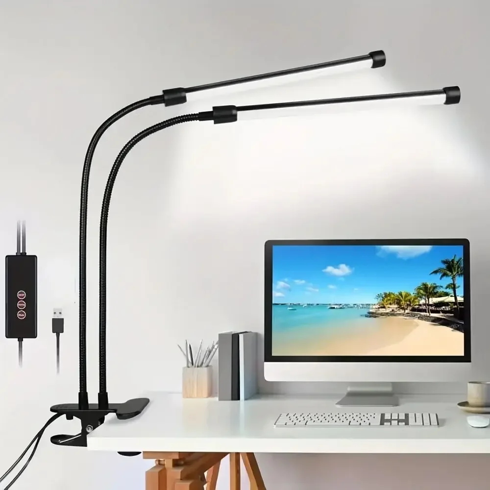 LED Desk Lamp Double/Single Head Reading Table Lamp With Clip Dimmable Brightness For Home Study Office Lighting PC Eye Protect
