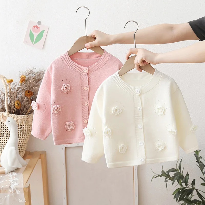 Girls Handmade Flower Knitted Cardigan 2024 Autumn New Baby Girl\'s Solid Color Long Sleeve Top Jacket Children\'s Sweater Coat