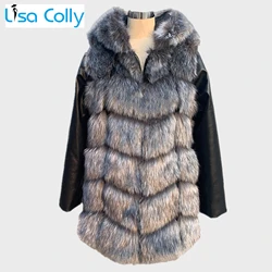 70CM Women Winter Warm Black Leather Removable Sleeve Fur Jacket Coat With Hooded Faux Fur Coat Outwear Thick Fox Fur Jacket