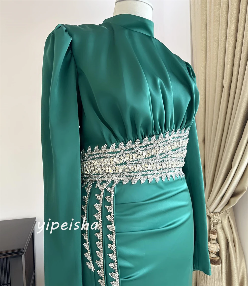 Vestido de baile de cetim com lantejoulas, Vestido de graduação Ruched, Colarinho alto, Vestidos longos para ocasiões personalizadas, Noite Arábia Saudita