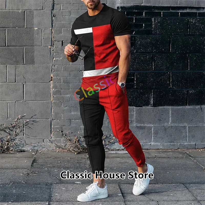 Fashion Men's Trousers Tracksuit 2 Piece Set Summer Jogger Sportswear Streetwear Short Sleeve T Shirt+Long Pants Male Clothing
