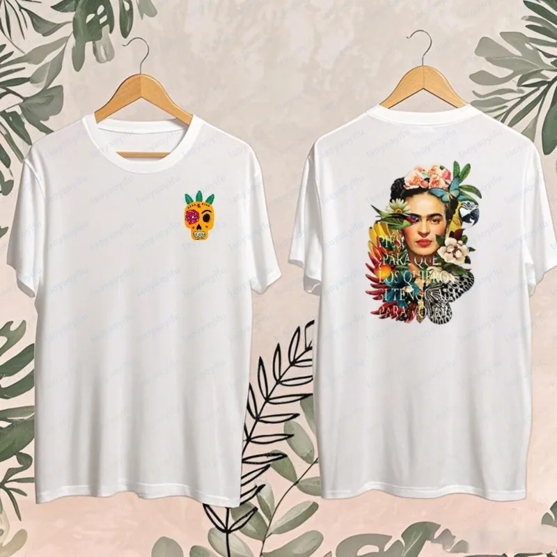 Frida Kahlo Botanical Art Print T-Shirt Double Sided Casual Cotton Tee Retro Mexican Artist Inspired Streetwear Women Camisetas