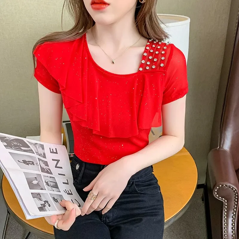 

Mesh Frill Short sleeve T-shirt Women's Summer New Sexy Western Half Sleeve Shirt Design Sense Hot Drilling Top E6499