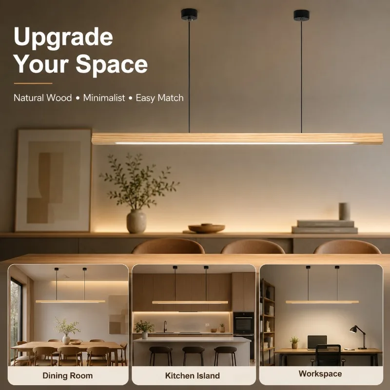 Wooden LED Long Pendant Light  Simple Solid Wood Bar Counter  Office Desk  Tea Room Dining Table  Candles  Black Walnut Wood
