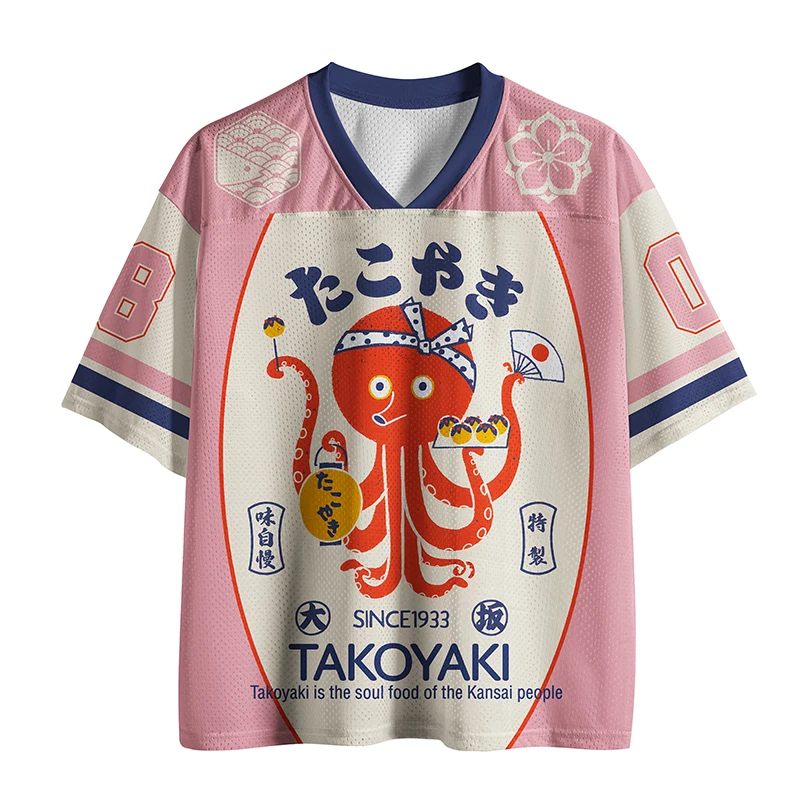 2026 Unisex Takoyaki Octopus Mesh Jersey T Shirt, Japanese Retro Food Cartoon V Neck Short Sleeve Oversized Streetwear Top