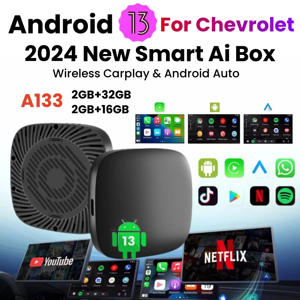 Carplay Ai Box Wireless CarPlay Android 13 auto Tv Box For Youtube Netflix For Chevrolet Cavalier Cruze Impala Malibu Silverado