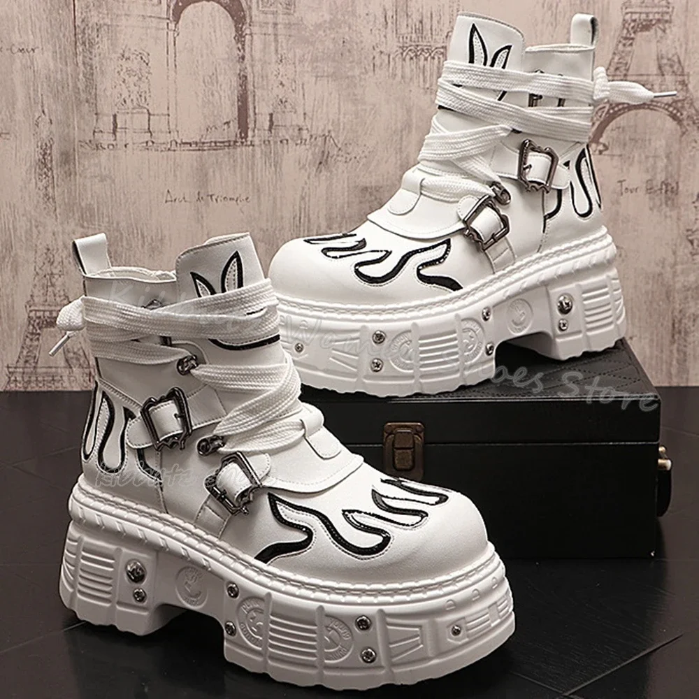 

Chelsea Gothic Ankle Boots Punk Rock Dark Style Mixed Color Novelty Leather Lace-Up Women Shoes New Round Toe Height Increasing