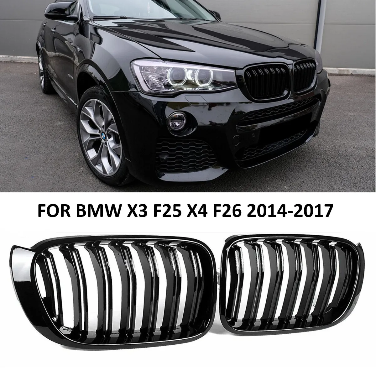 

For BMW F25 Grille Double Slat Front Bumper Replacement Kidney Grill Gloss Black FOR X3 F25 2014-2016 X4 F26 2015-2017