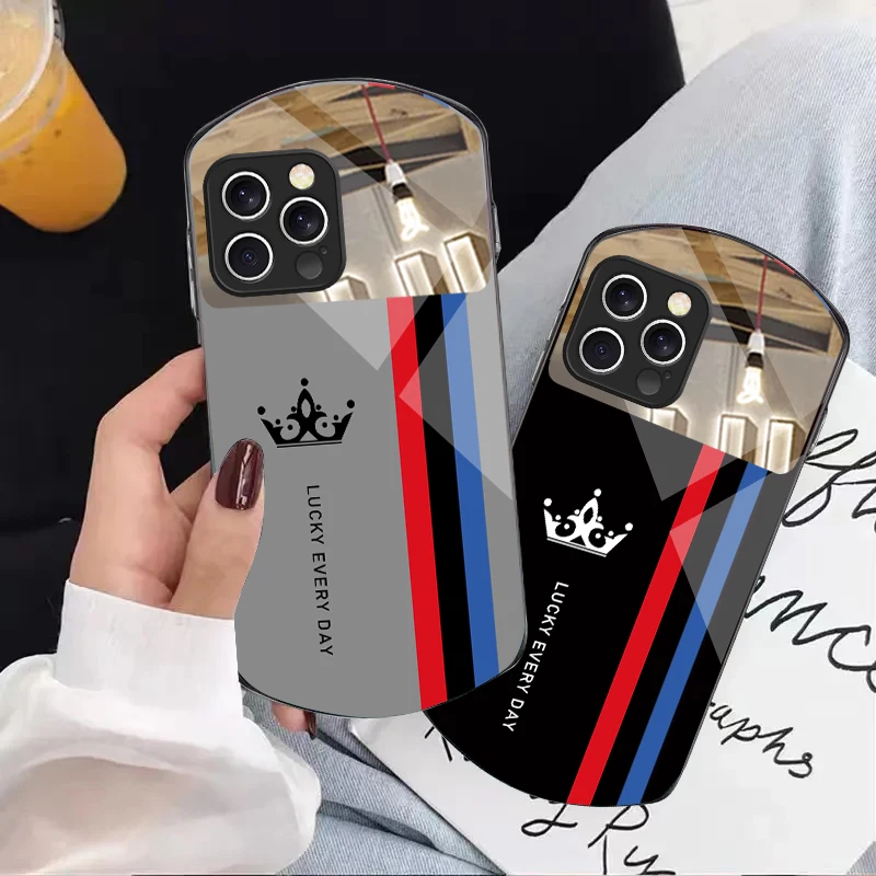 

Three color line crown For iPhone 16 15 14 13 Plus 12 mini 11 Pro Max XR Xs X 7 8 22 16ProMax Half mirror elliptical phone case