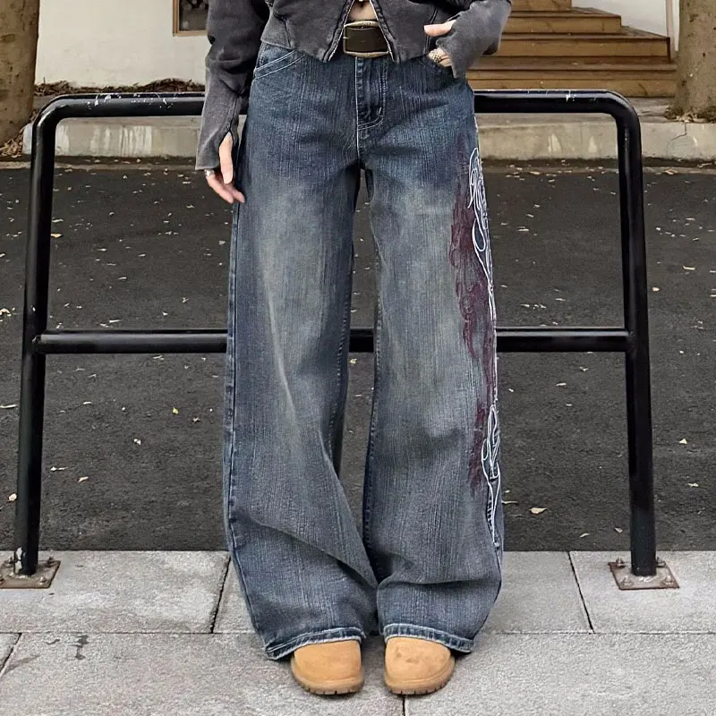 Vintage Side Flame Embroidery Wide Leg Jeans Women High Waist Washed Loose Pants Autumn Y2K American Streetwear Denim Trousers