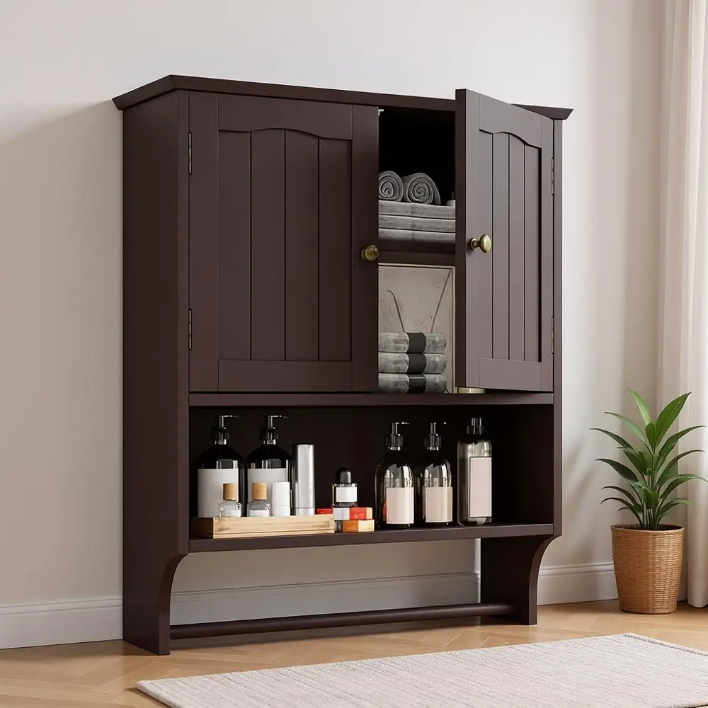 

Space-Saving Wooden Wall-Mounted Cabinet with 2 Doors and Adjustable Shelves for Bathroom