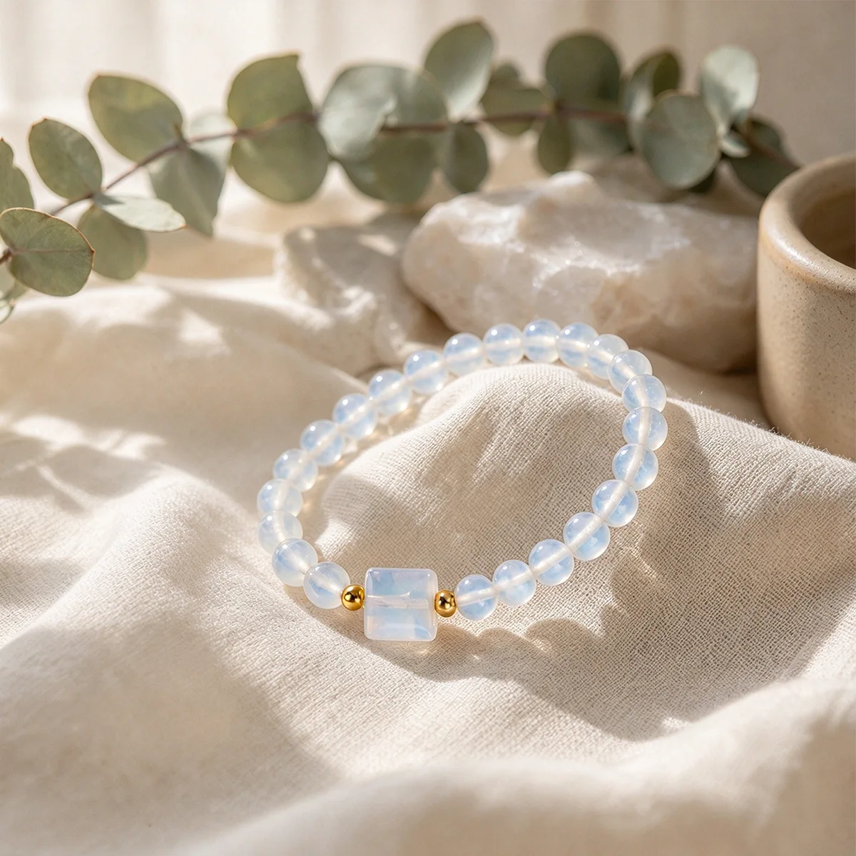 Opal Style Bracelet for Women Gold Tone Square Bead Round Crystal Stretch Minimalist Jewelry