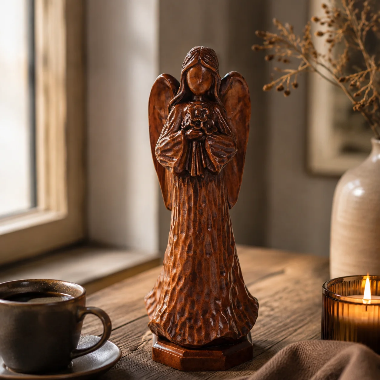 Hand Carved Solid Wood Angel with Flowers Figurine Desktop Ornament for Home, Chapel & Religious Decor