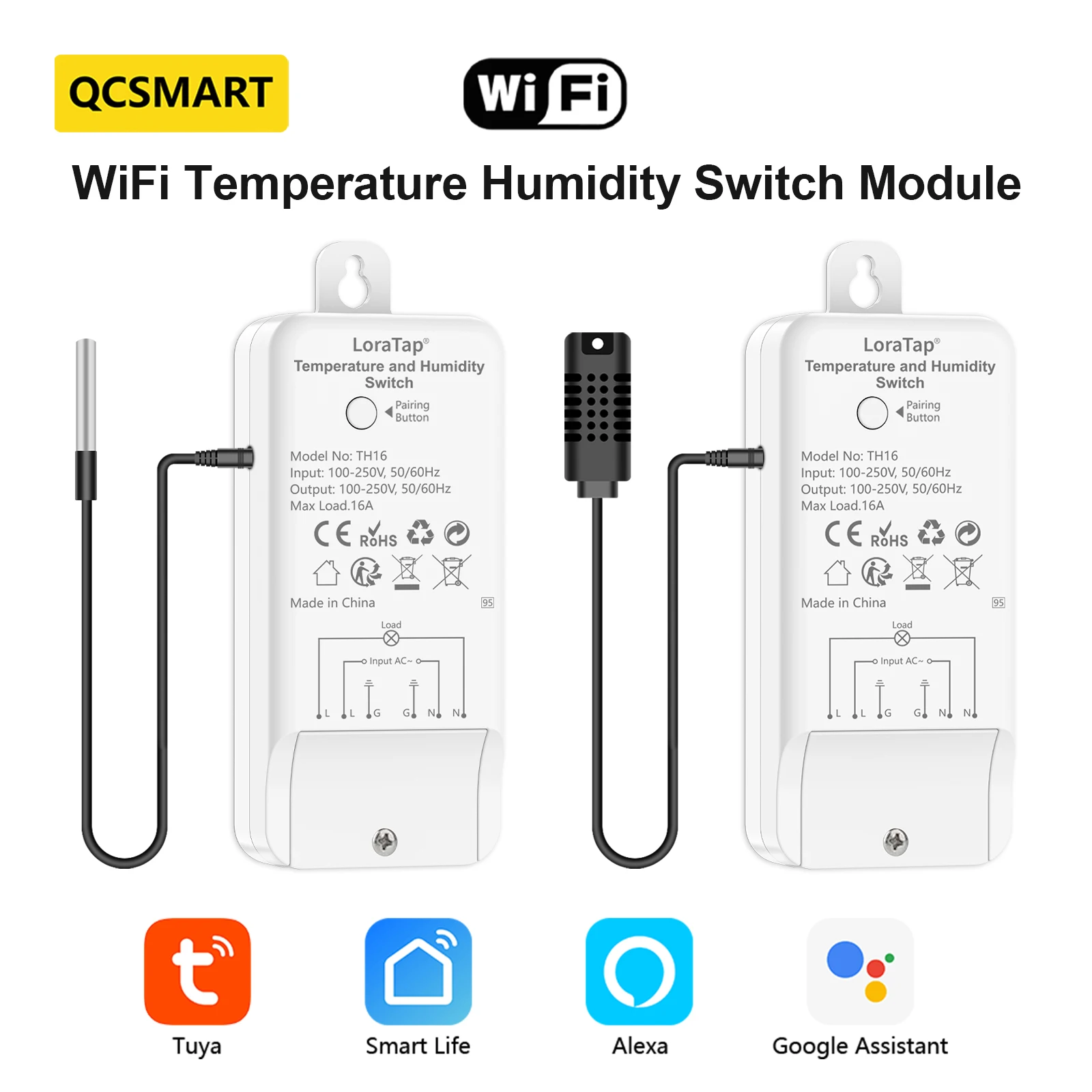 QCSMART Wireless Temperature And Humidity Switch Module Wifi Tuya Smart App Remote On/Off  Voice Control by Alexa Google Home