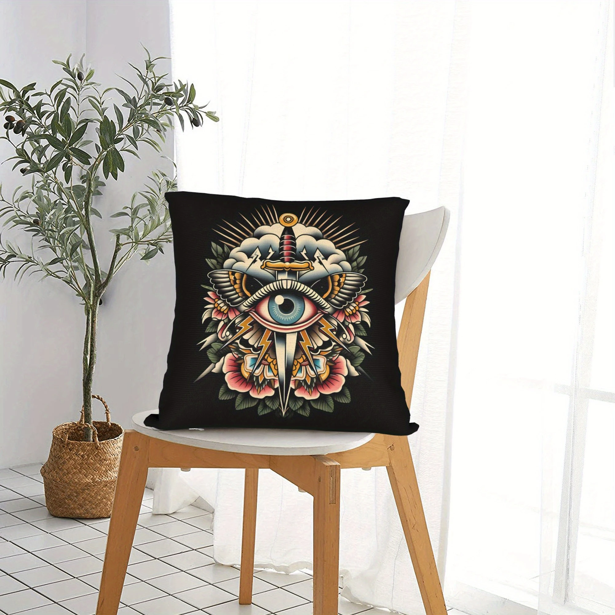 1pc American Traditional All Seeing Eye Pillow Cover, Polyester 2D Double Sided Print Cushion Case, Old School Tattoo Art Throw
