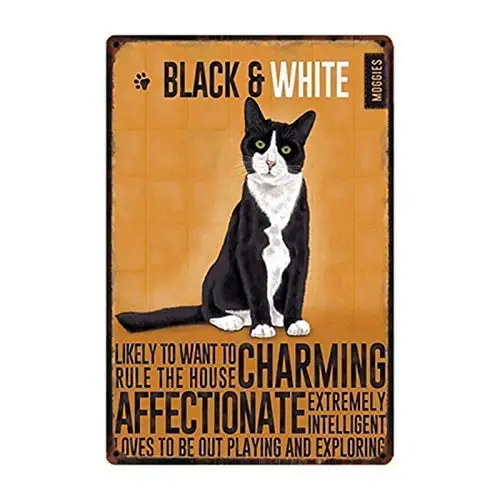 Retro Metal Tin Sign Vintage Black and White Cat Aluminum Sign for Home Coffee Wall Decor 8x12 Inc
