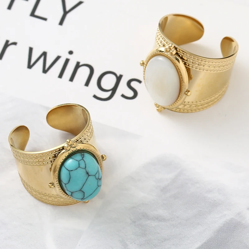 Stainless Steel Rings Green Natural Turquoise Open Rings for Women Golden 14K Plated Wide Ring Trendy Female Jewelry 2022 Luxury